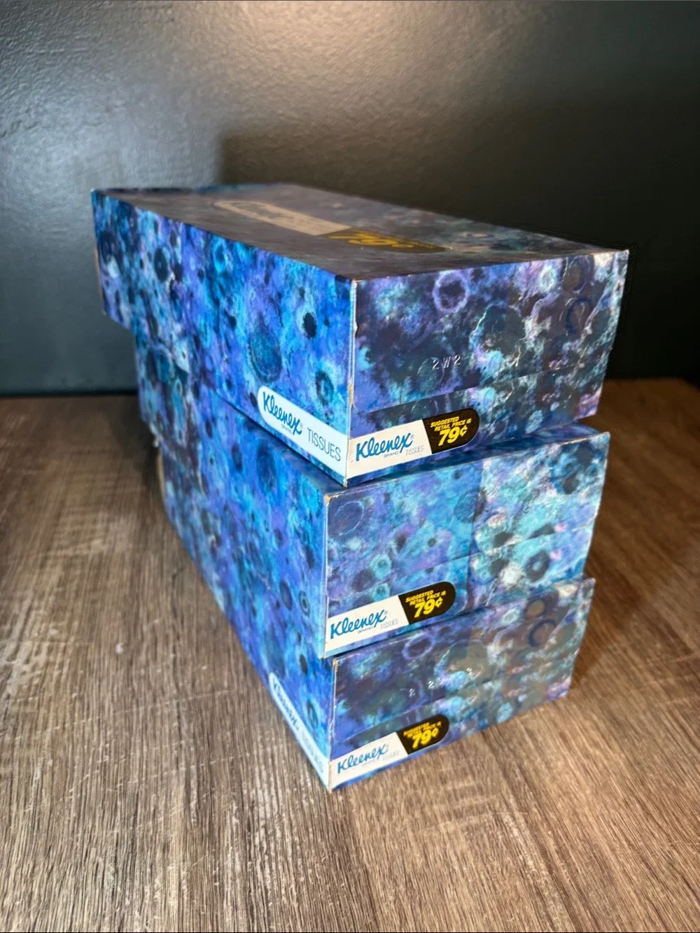 3 Vtg Yellow Kleenex Tissue Blue Box 175 2-Ply Tissues Shiny Foil Look Box